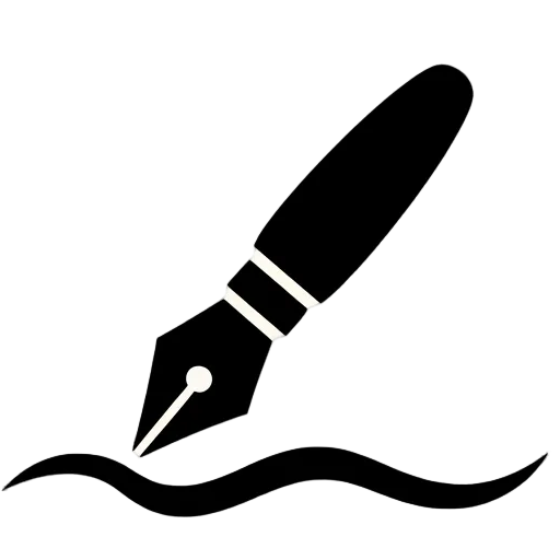 Black icon of a fountain pen with a wavy line on a white background